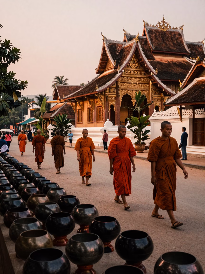 Busy Luang Prabang street scene with alms bowls and morning light in in Luang Prabang, Laos
