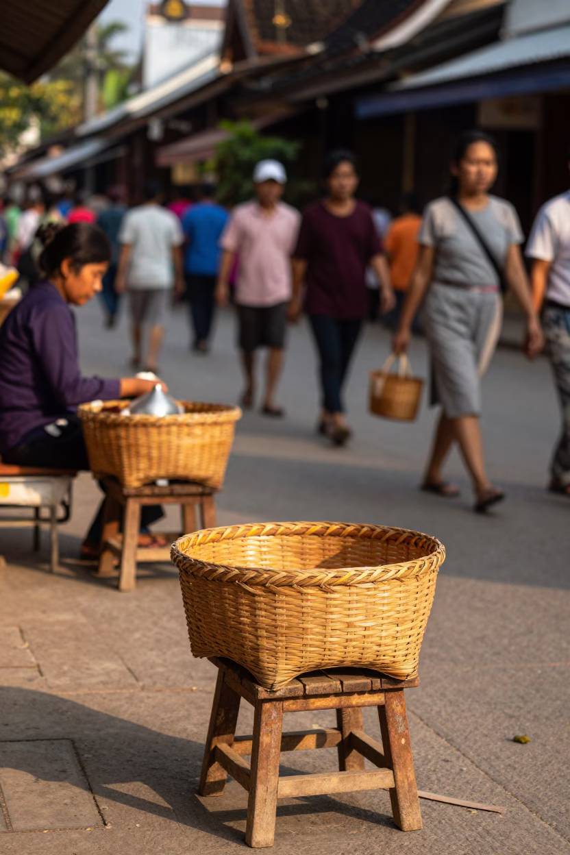 Busy Luang Prabang Street Scene with Alms Offering Basket and Traditional Wooden Shop Fronts in in Luang Prabang, Laos