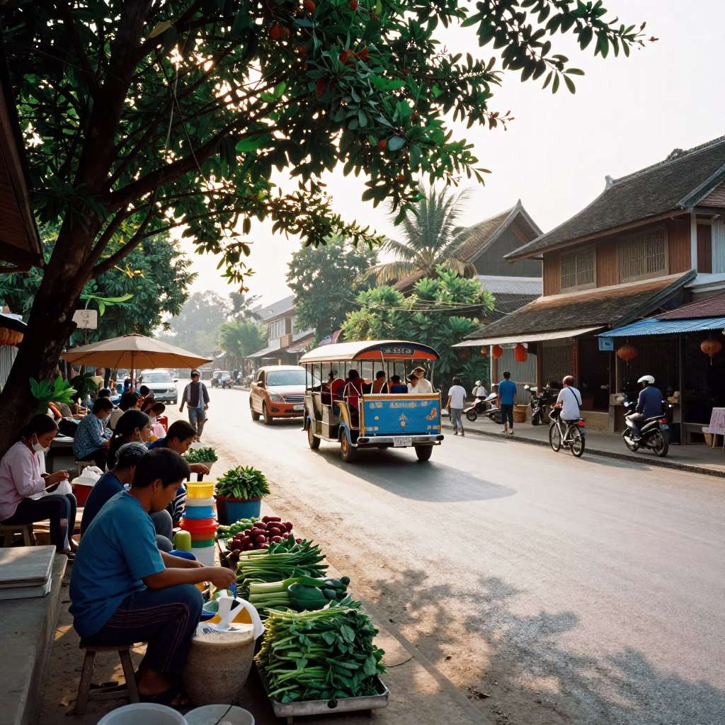 Busy Luang Prabang Street Scene with Cable Car and Local Market Activity in in Luang Prabang, Laos