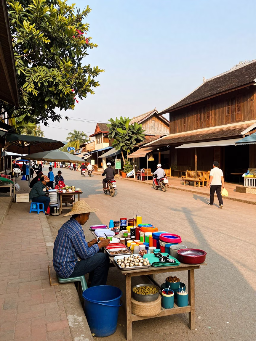 Busy Luang Prabang Street Scene with Local Merchants and Vintage Decor in in Luang Prabang, Laos