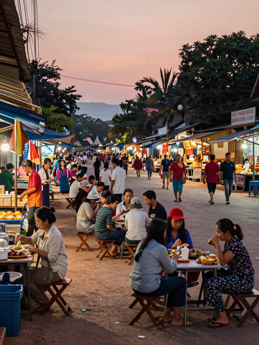 Busy Luang Prabang Street Scene with Local Vendors and Evening Light in in Luang Prabang, Laos