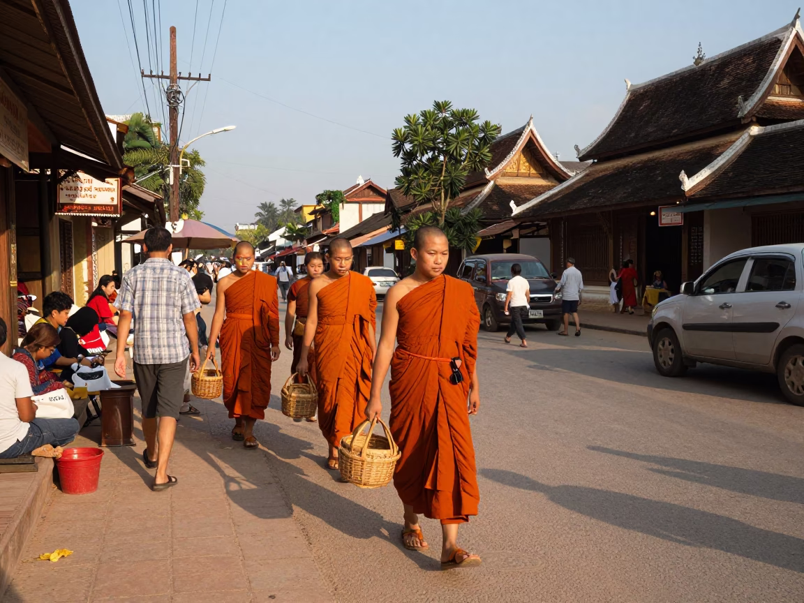 Busy Luang Prabang street scene with monks and wicker baskets in late afternoon light in in Luang Prabang, Laos