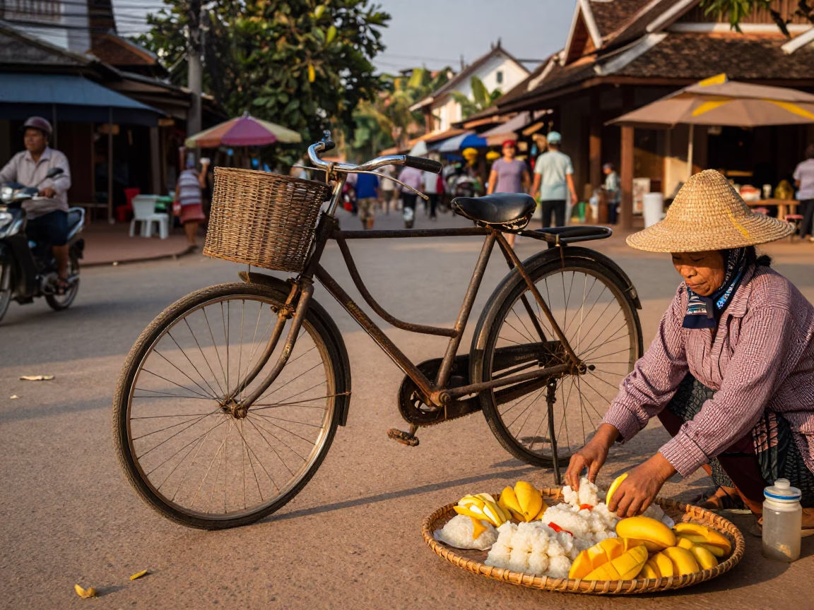 Busy Luang Prabang Street Scene with Vintage Bicycle and Local Life in Evening Light in in Luang Prabang, Laos