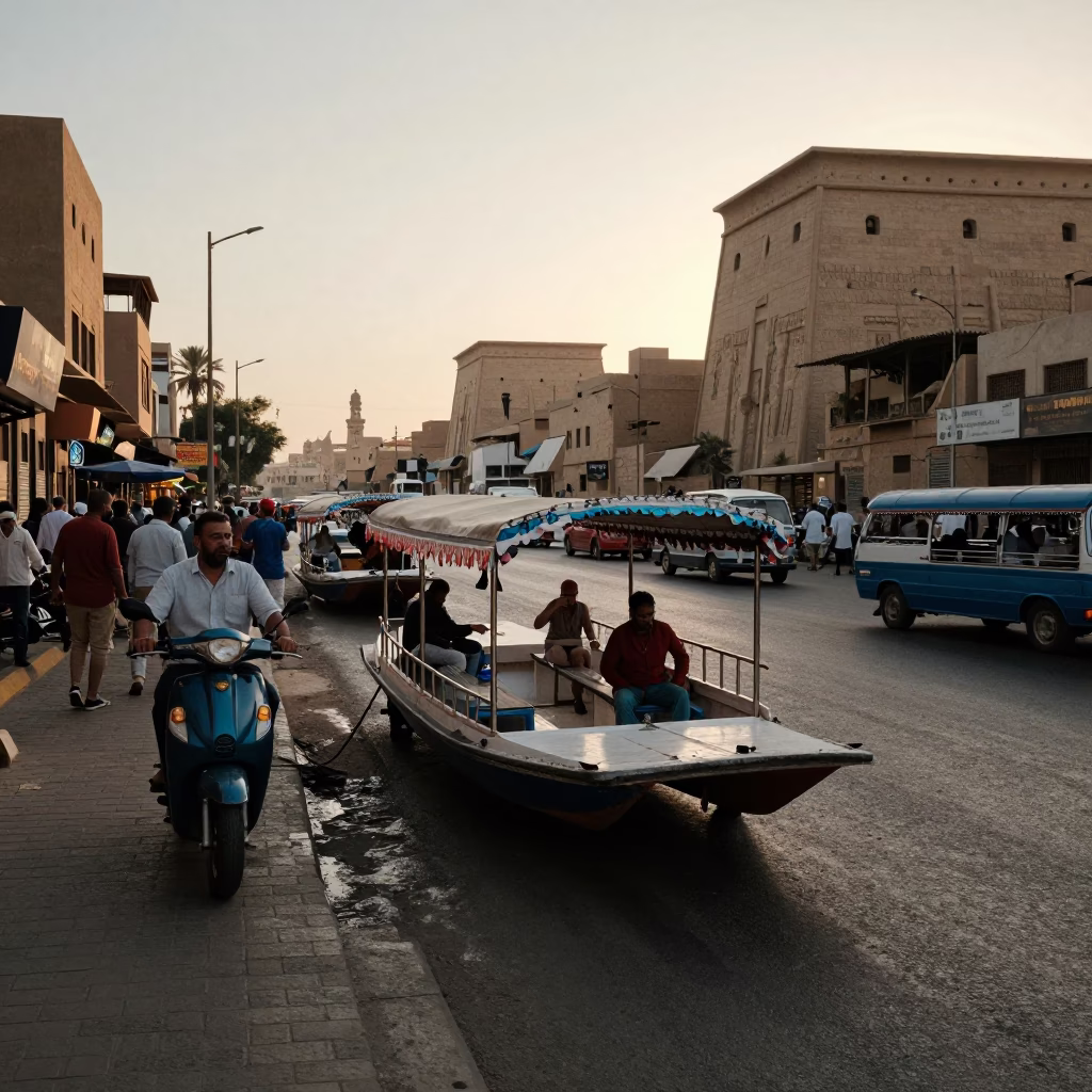 Busy Luxor Egypt Evening Street Scene with Traditional Transport and Local Life in in Luxor, Egypt