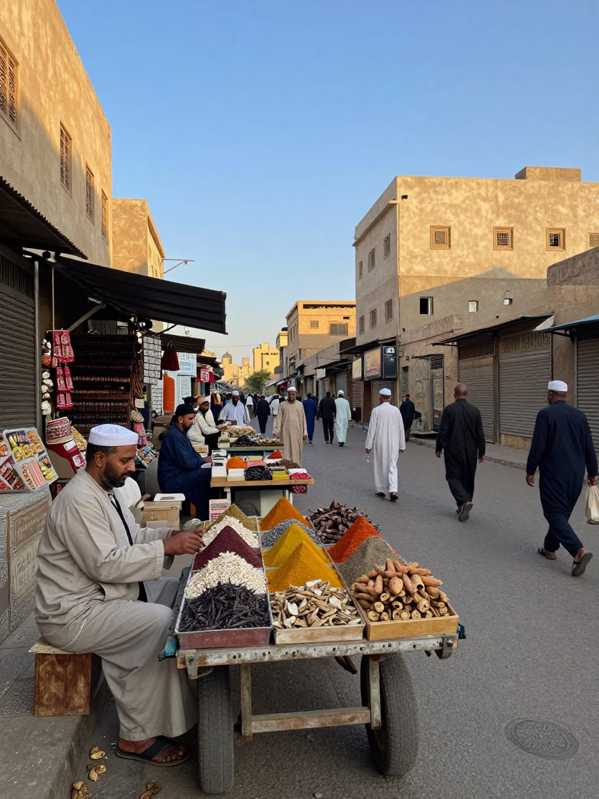 Busy Luxor Egypt Street Scene Late Afternoon Light with Local Vendor and Traditional Architecture in in Luxor, Egypt