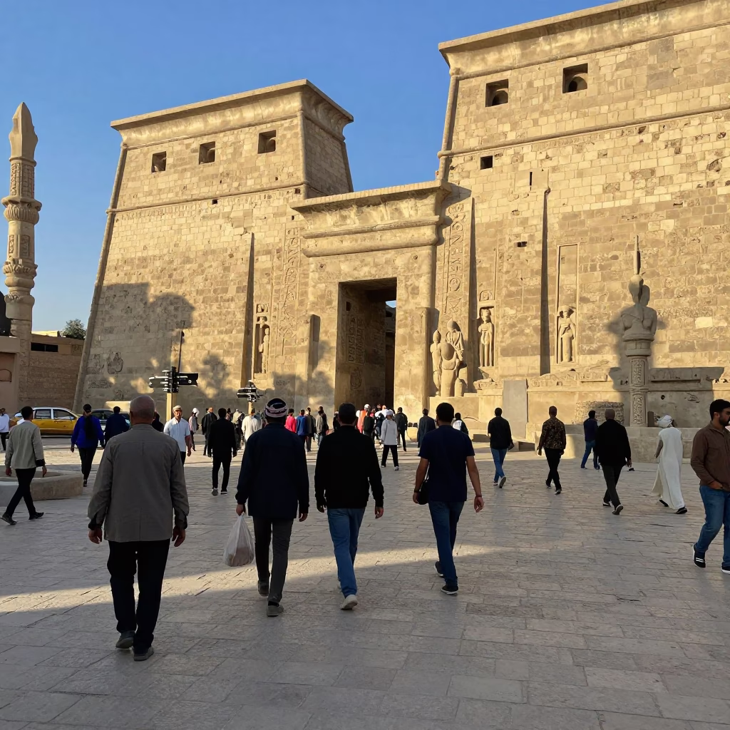 Busy Luxor Egypt Street Scene Late Afternoon Sun with Stone Architecture and Local Life in in Luxor, Egypt
