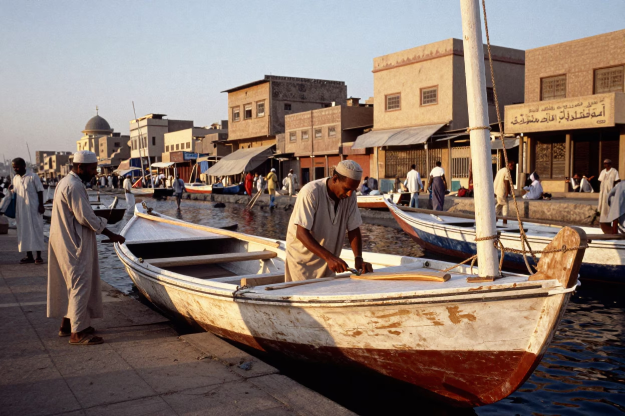 Busy Luxor Egypt Street Scene Late Afternoon Traditional Wooden Felucca Boat Builder Planing Hull in in Luxor, Egypt