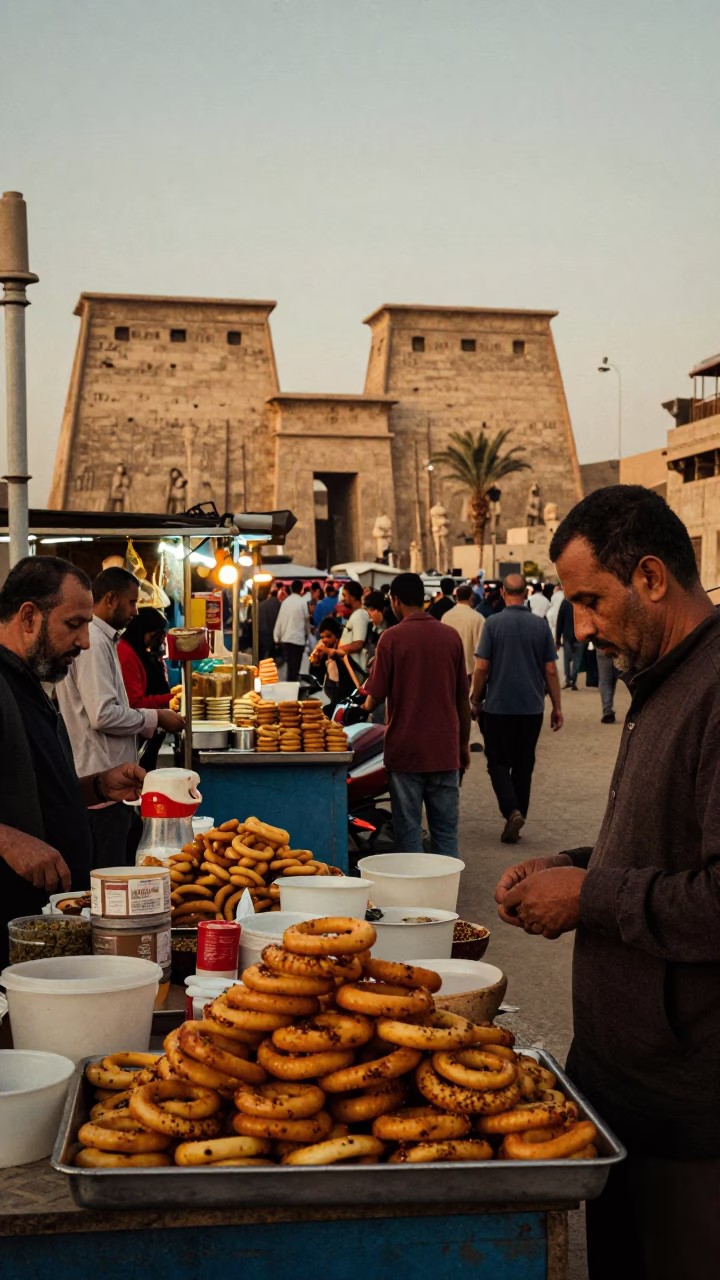Busy Luxor Evening Street Scene with Food Stall and Local Life in Egypt in in Luxor, Egypt