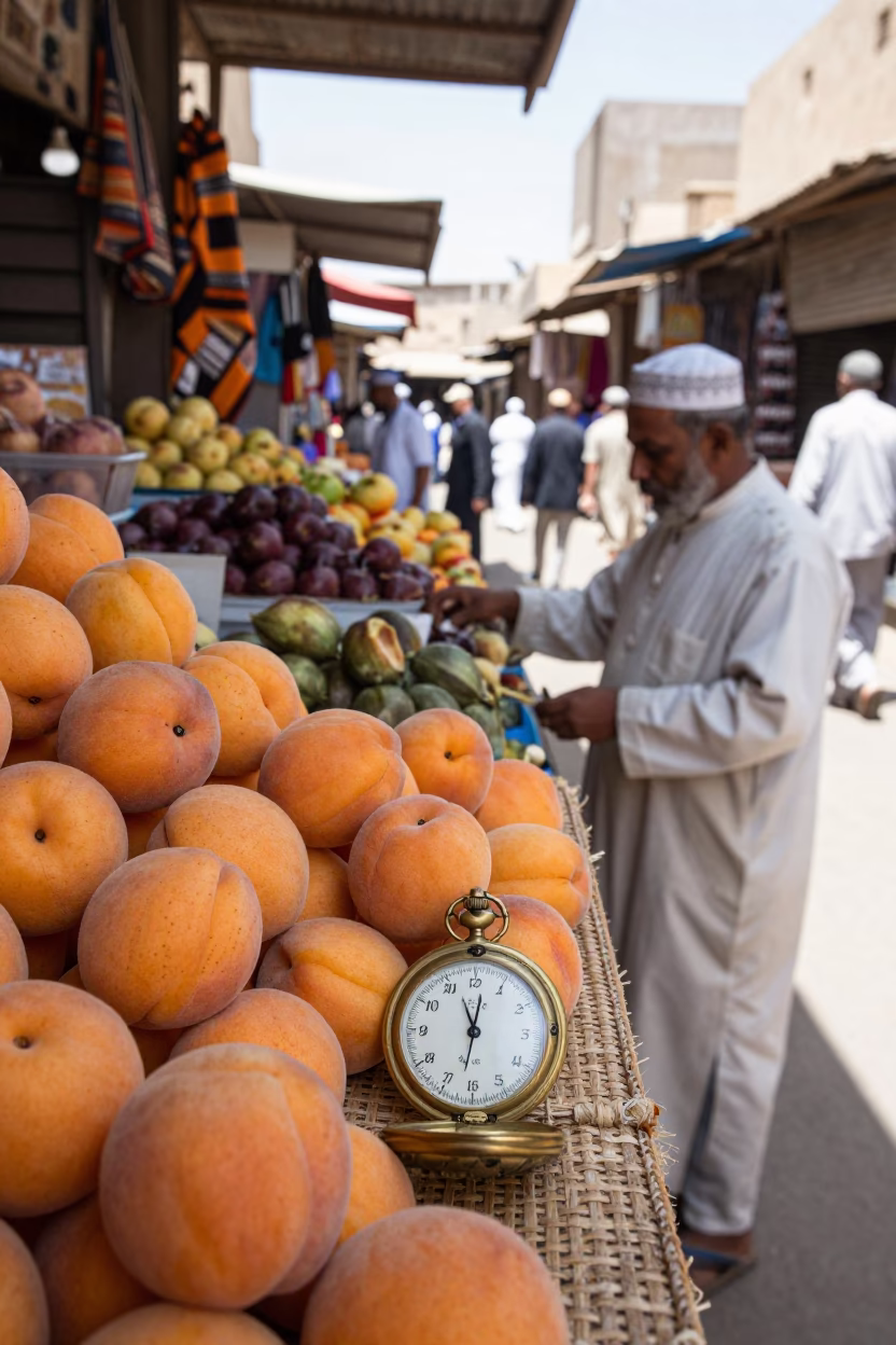 Busy Luxor Market Stall with Apricots and Pocket Sundial in Bright Midmorning Light in in Luxor, Egypt