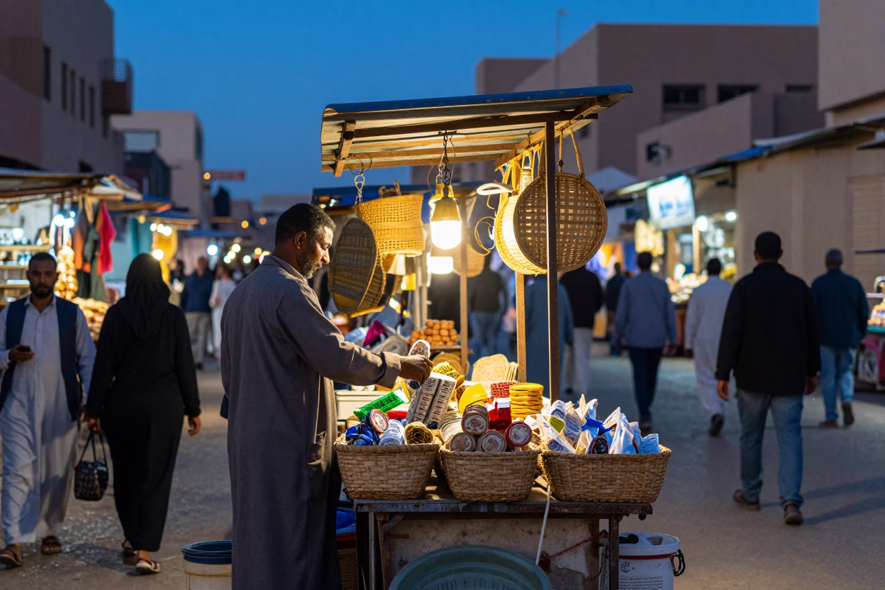 Busy Luxor Night Market Stall with Basket and Night-Light After Sunset in in Luxor, Egypt