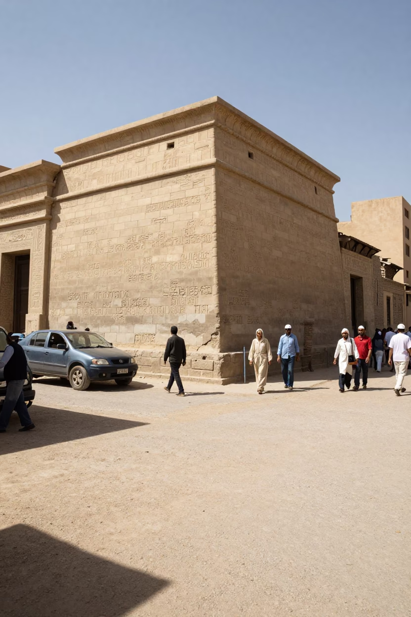 Busy Luxor Street Corner Under Noon Sun With Wall Shelf And Sewing Scissors in in Luxor, Egypt