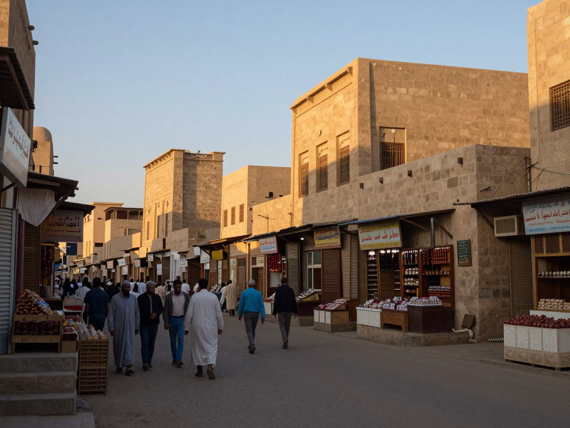 Busy Luxor Street Market at Dawn with Sandstone Shops and Early Light in in Luxor, Egypt
