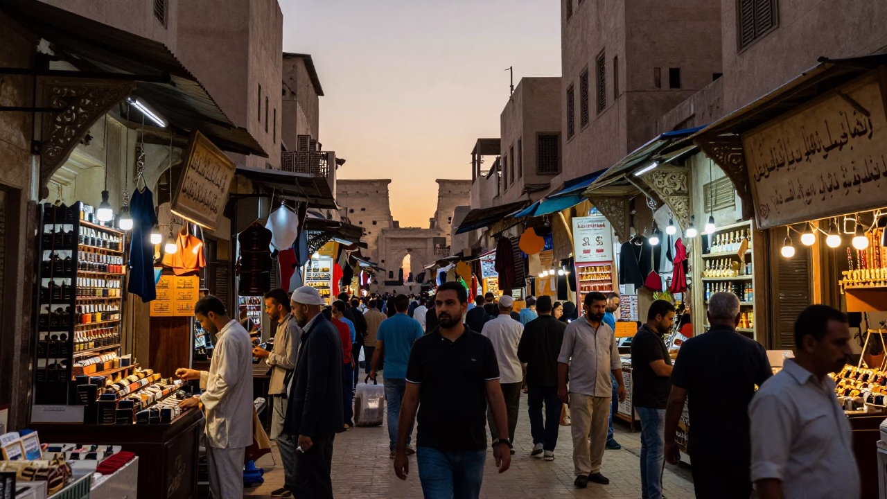 Busy Luxor Street Market at Dusk with Tourists and Local Vendors in in Luxor, Egypt