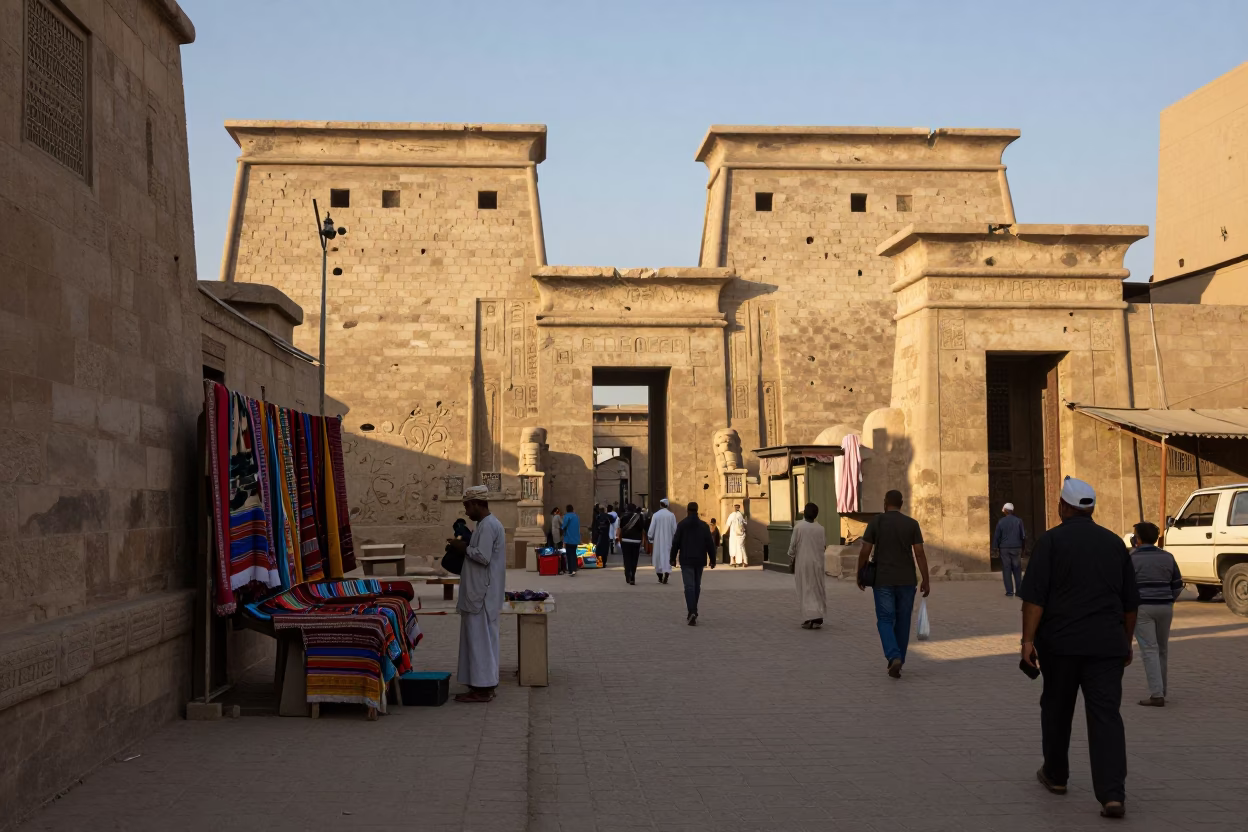 Busy Luxor Street Scene at Dawn with Tea Stains and Wicker Shadows in in Luxor, Egypt