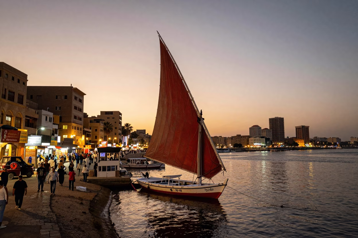 Busy Luxor Street Scene at Dusk with Junk Boat and Local Commerce in in Luxor, Egypt