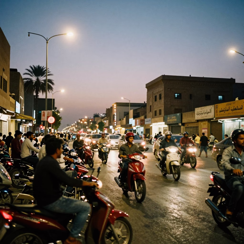 Busy Luxor Street Scene at Dusk with Motorcycles and Traditional Market Stalls in in Luxor, Egypt
