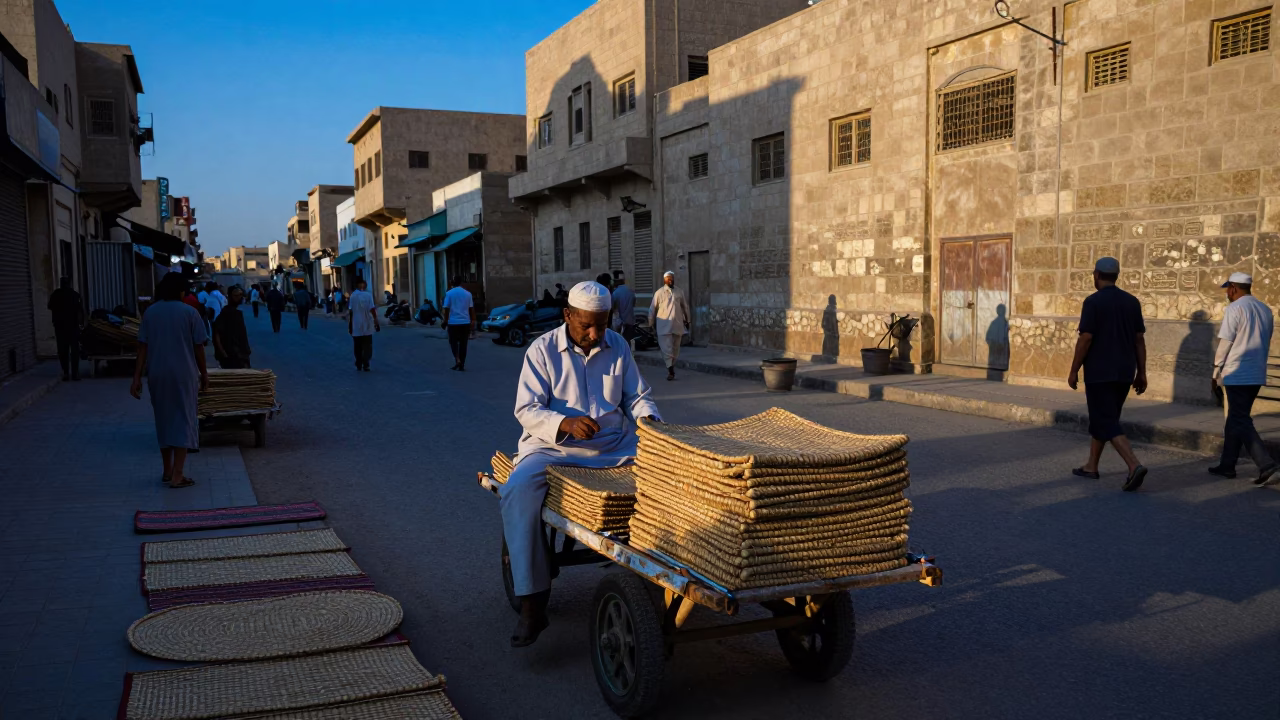 Busy Luxor Street Scene at Dusk with Woven Mats and Traditional Life in in Luxor, Egypt