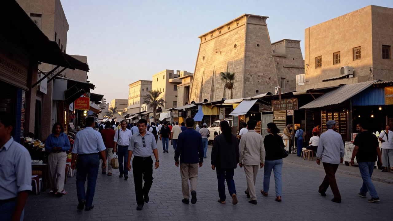 Busy Luxor Street Scene at First Light with Tourists and Local Vendors in in Luxor, Egypt