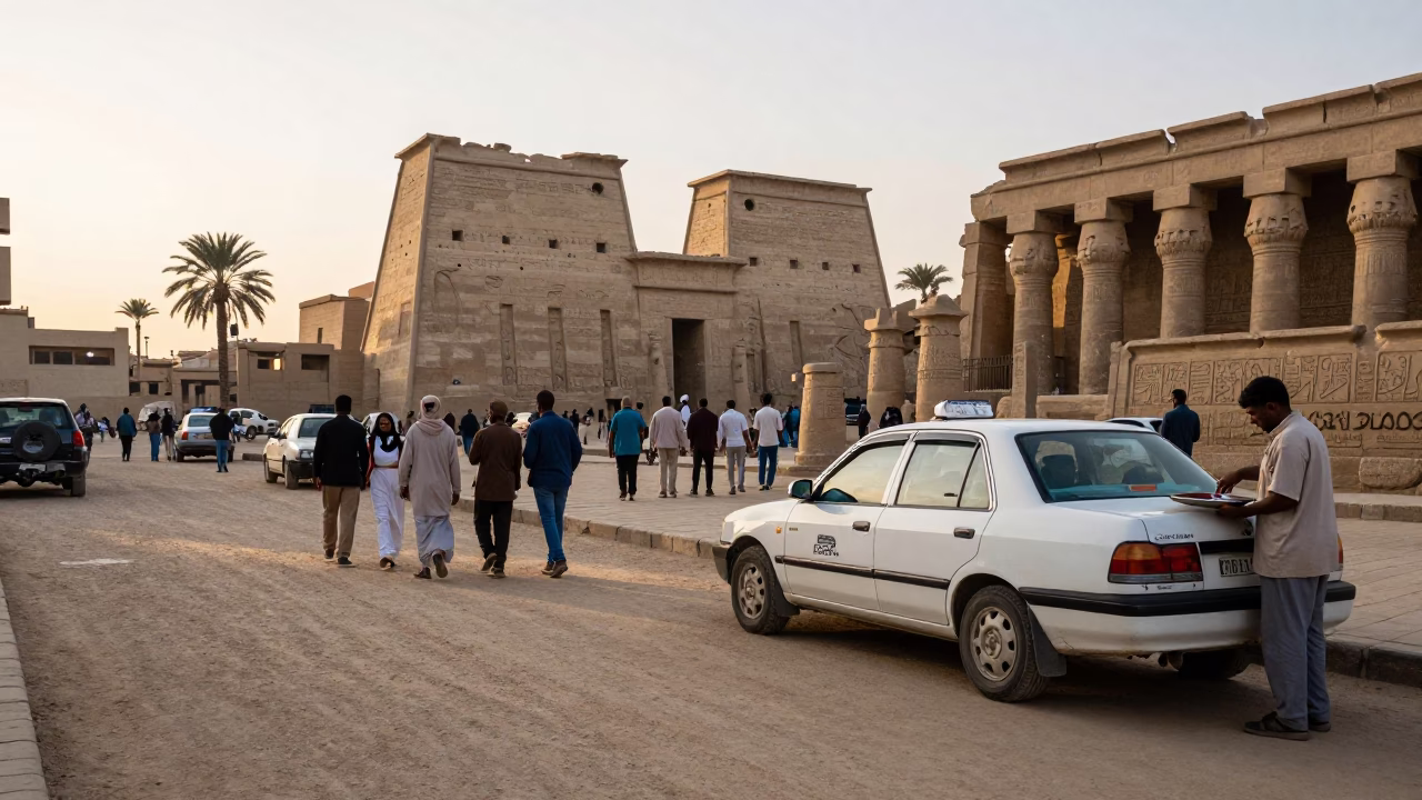 Busy Luxor Street Scene at First Light with Tourists and Locals in in Luxor, Egypt