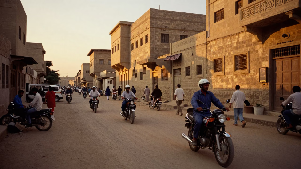 Busy Luxor Street Scene at Golden Hour with Vintage Motorcycle and Local Market Activity in in Luxor, Egypt