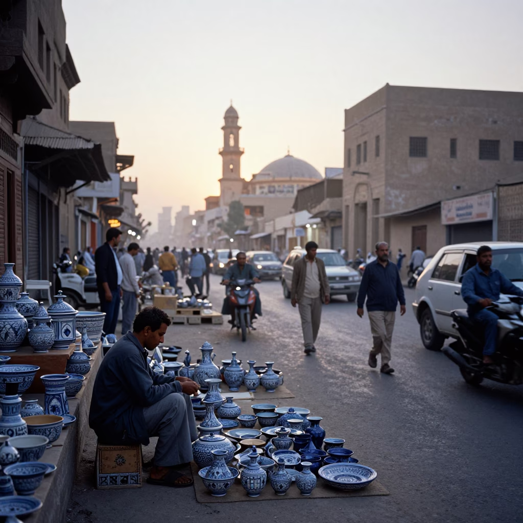 Busy Luxor Street Scene at Nautical Dawn with Delft Pottery Painter and Local Life in in Luxor, Egypt