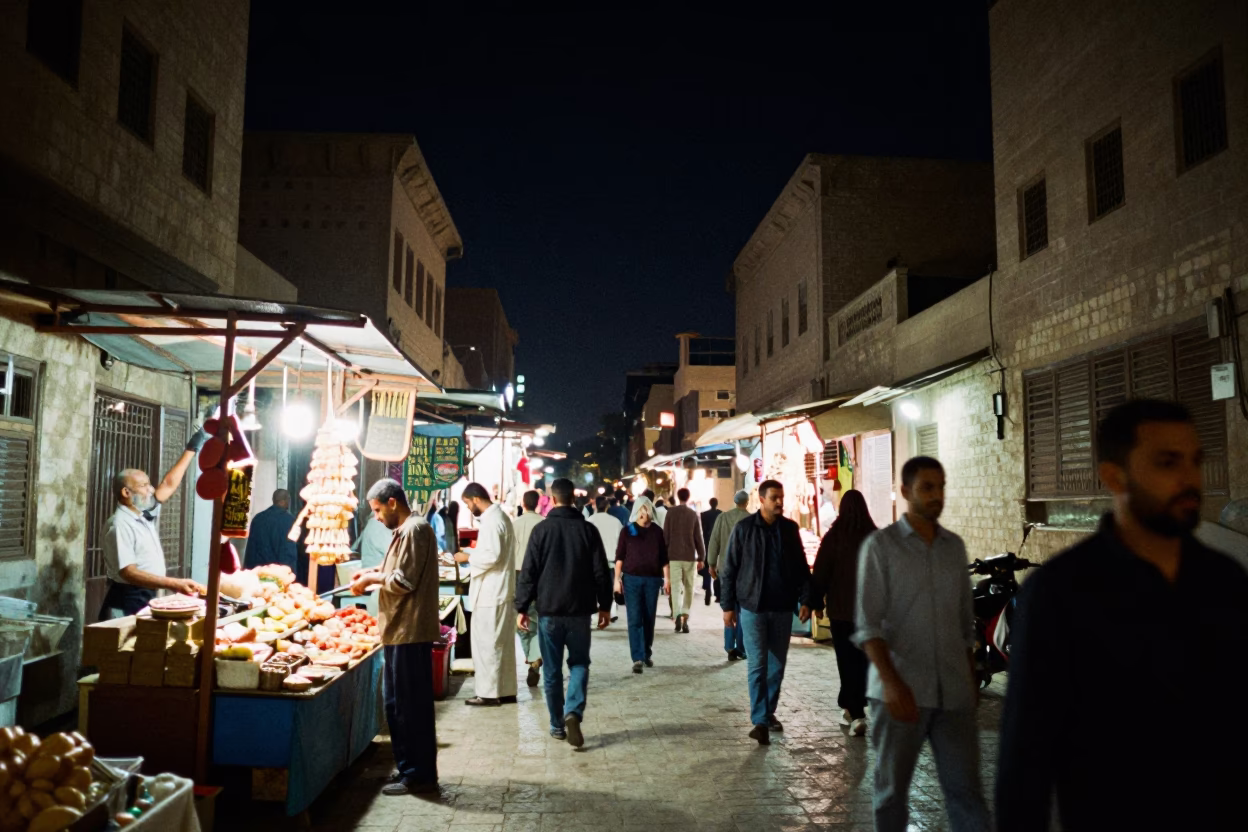 Busy Luxor street scene at night with vendors and tourists under deep sky in in Luxor, Egypt