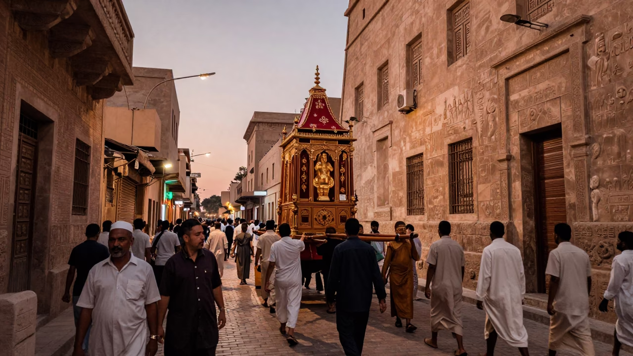 Busy Luxor Street Scene Before Dusk with Processional Float and Teapot in in Luxor, Egypt