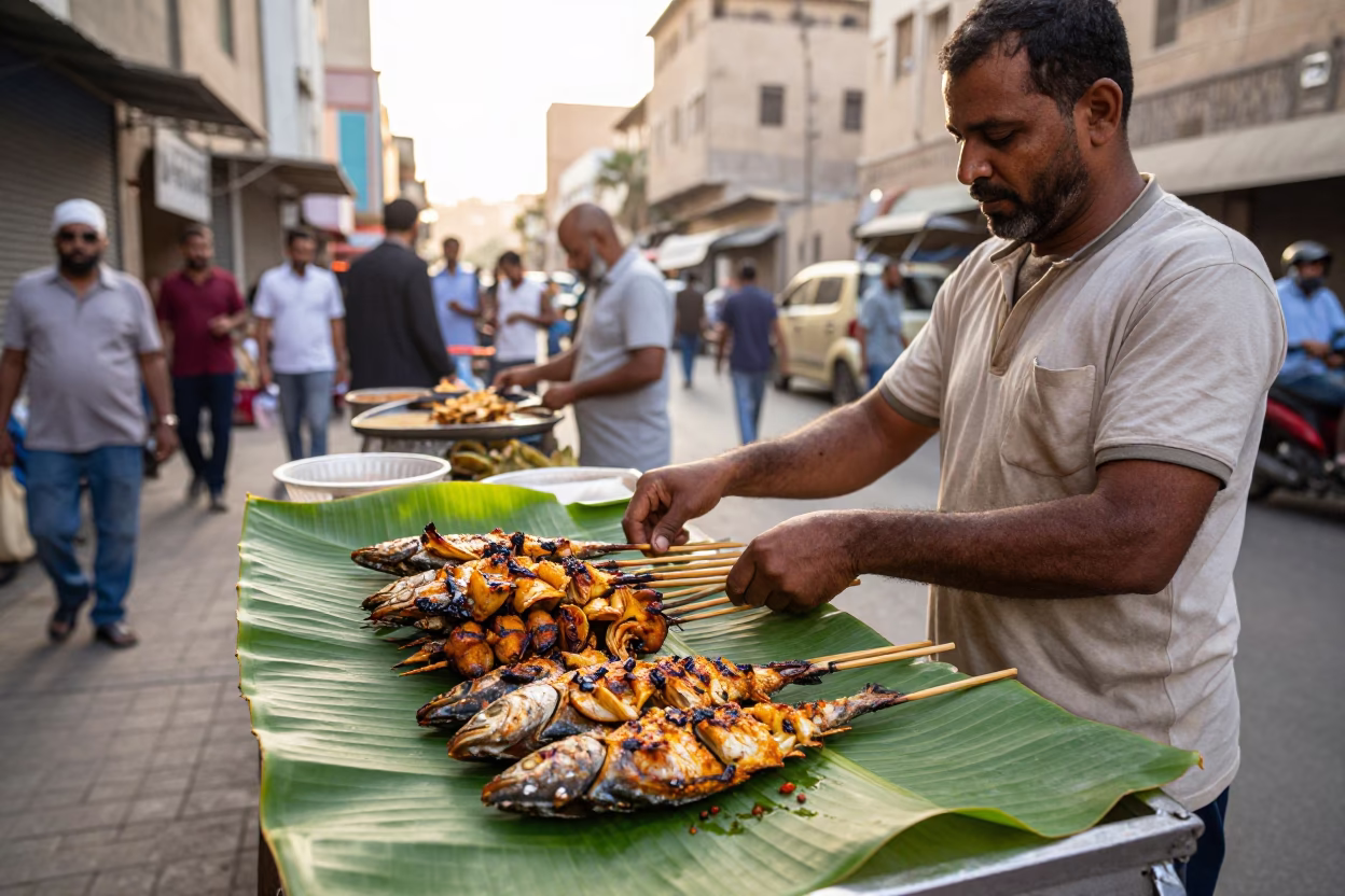 Busy Luxor Street Scene Early Afternoon with Grilled Fish and Banana Leaf in Egypt in in Luxor, Egypt