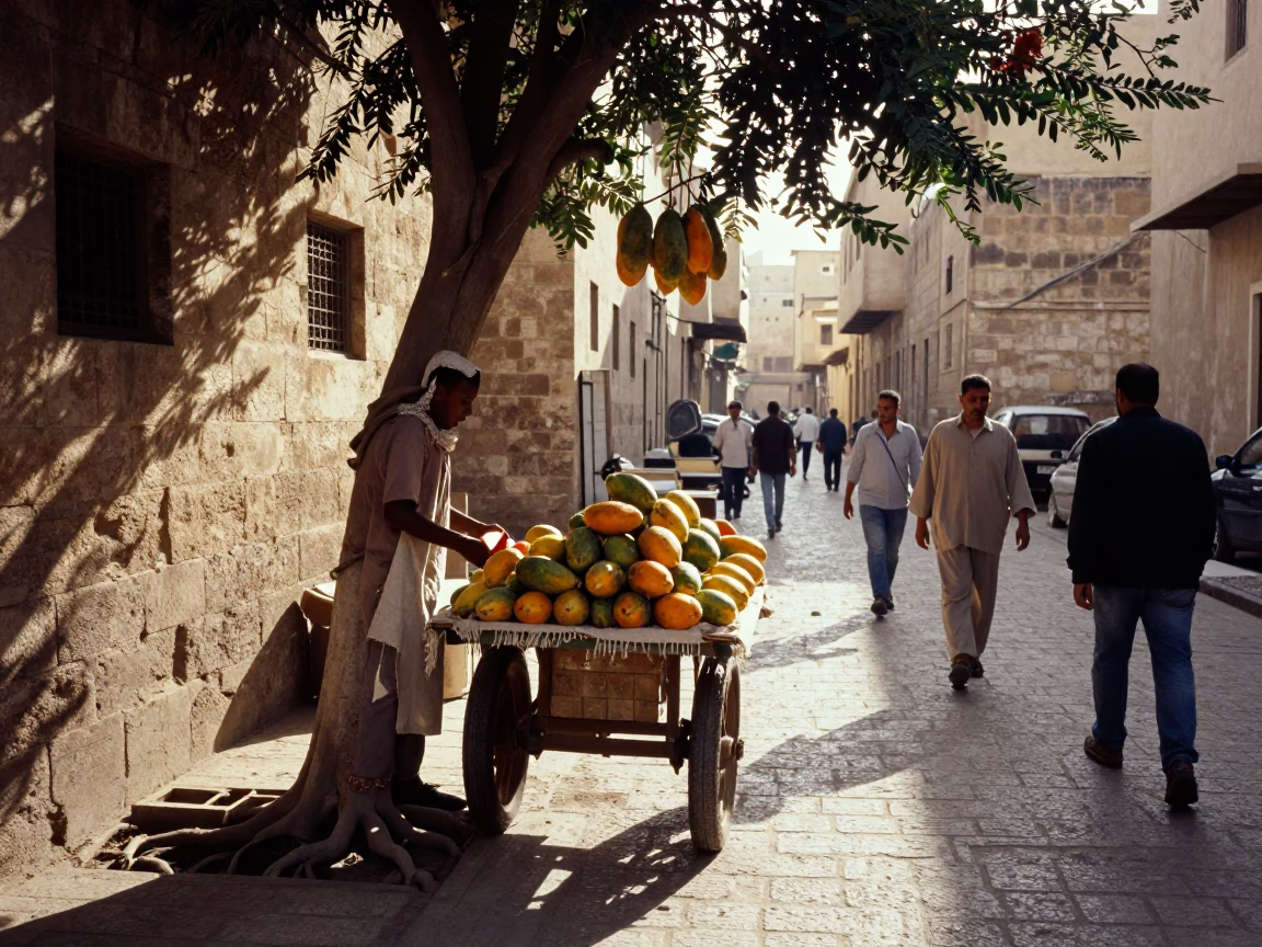 Busy Luxor Street Scene Early Afternoon with Linen Fringe and Papaya Tree in in Luxor, Egypt