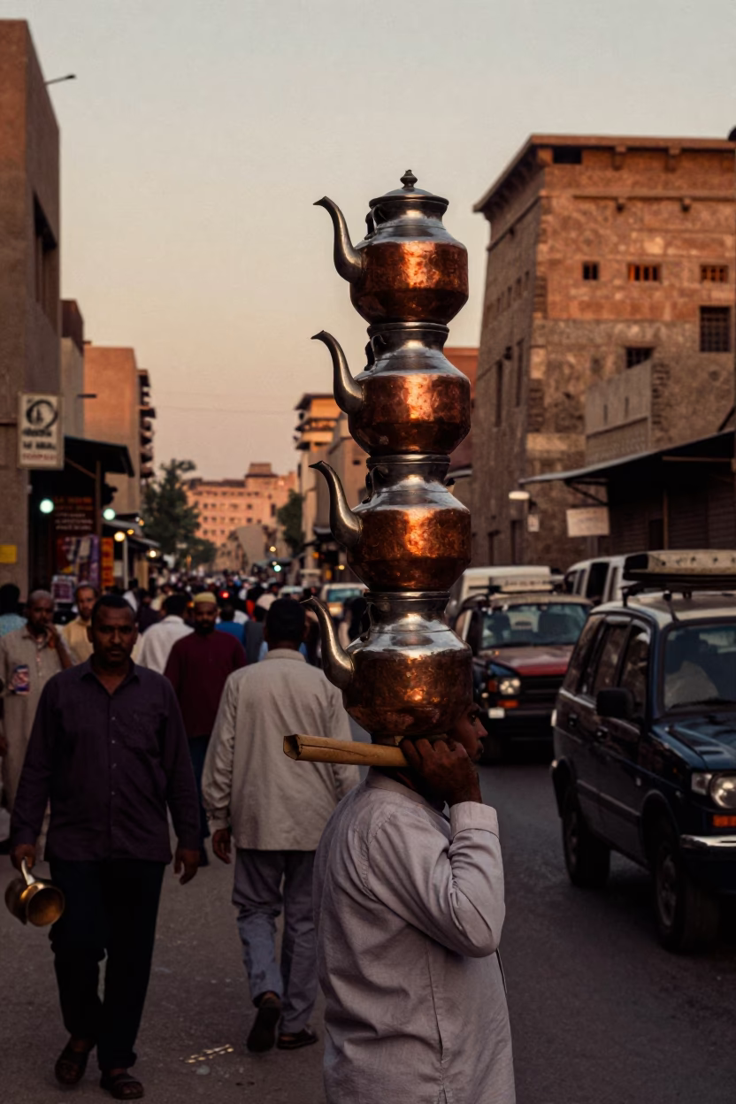 Busy Luxor Street Scene Early Evening with Tea Kettles and Local Interaction in in Luxor, Egypt
