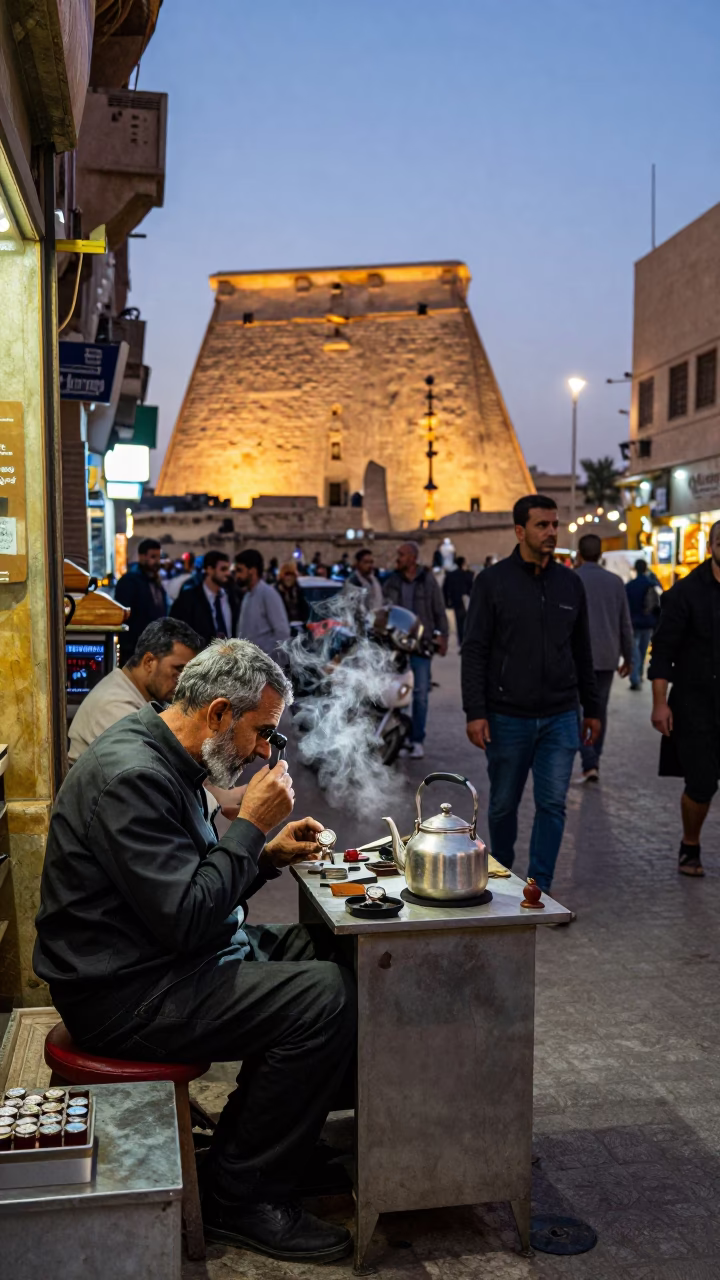 Busy Luxor Street Scene Early Evening with Watchmaker and Tea Kettle in in Luxor, Egypt