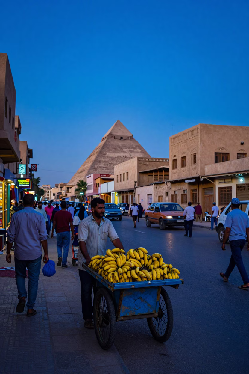 Busy Luxor Street Scene in Indigo Twilight with Colorful Vendors and Locals in in Luxor, Egypt