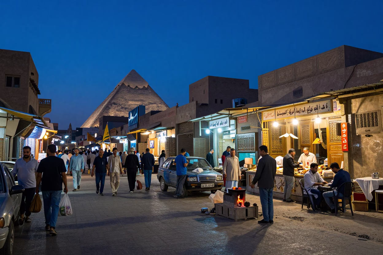 Busy Luxor Street Scene in Indigo Twilight with Hot Tea and Local Commerce in in Luxor, Egypt