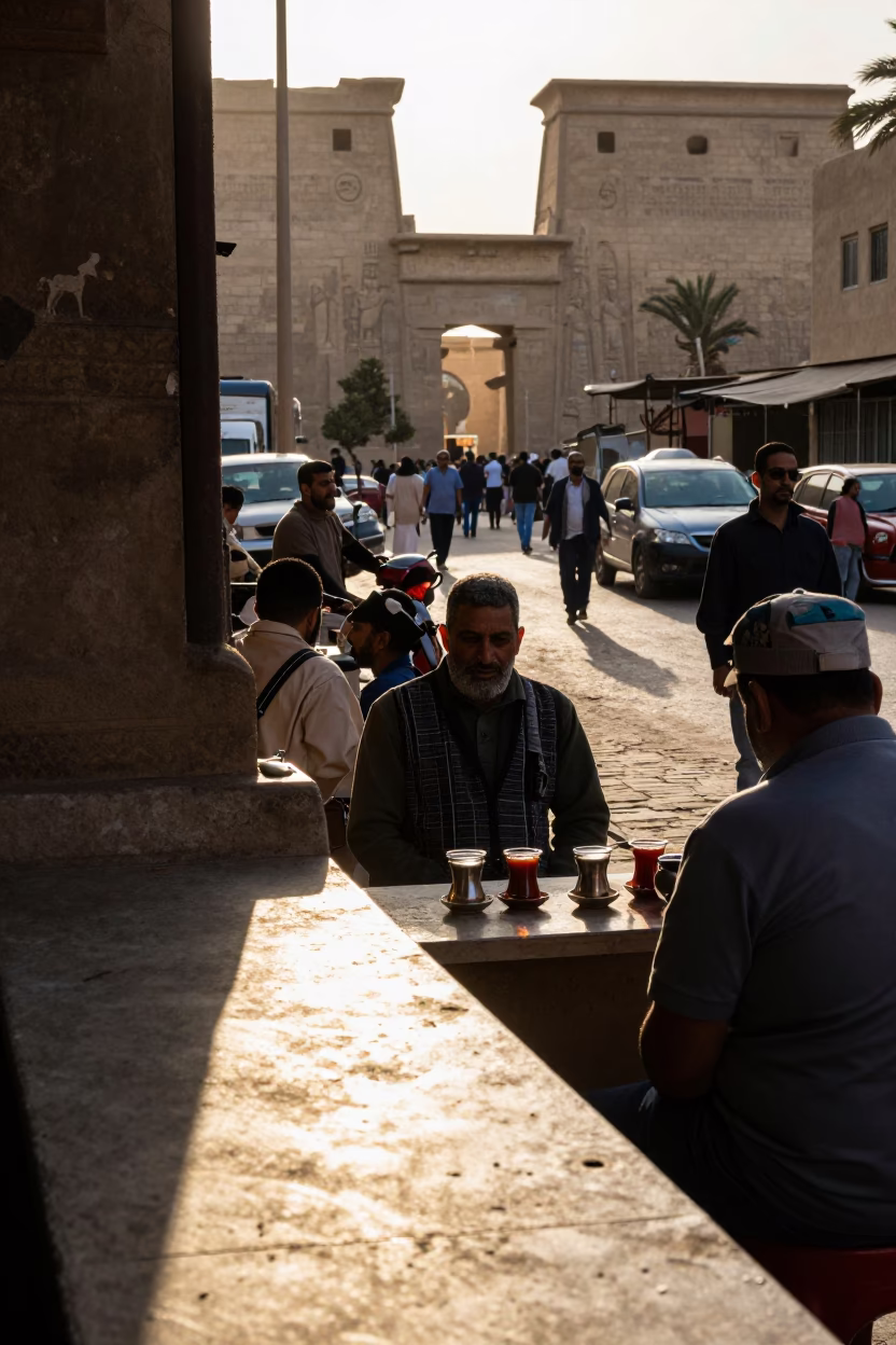 Busy Luxor Street Scene Late Afternoon with Sunlight and Local Life in in Luxor, Egypt