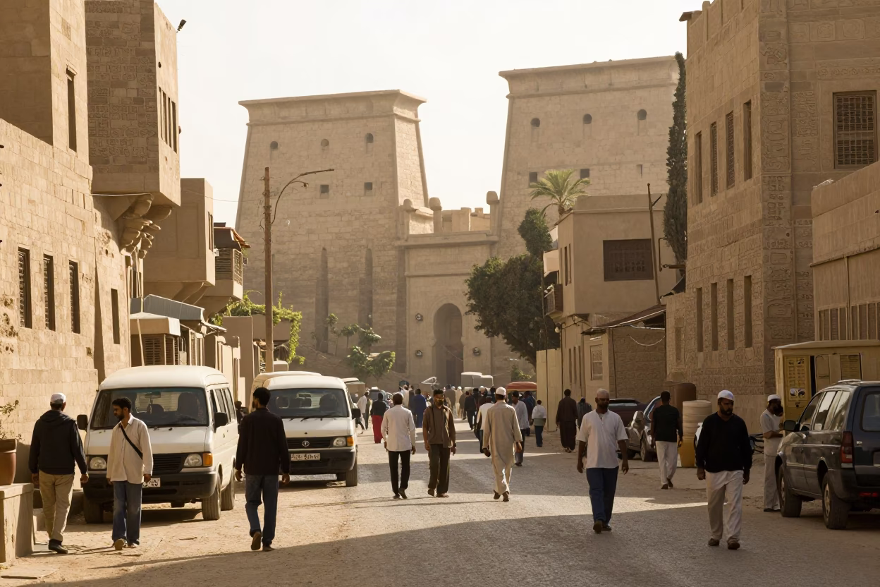 Busy Luxor Street Scene Late Morning Sunlight on Sandstone Buildings and Tourists in in Luxor, Egypt