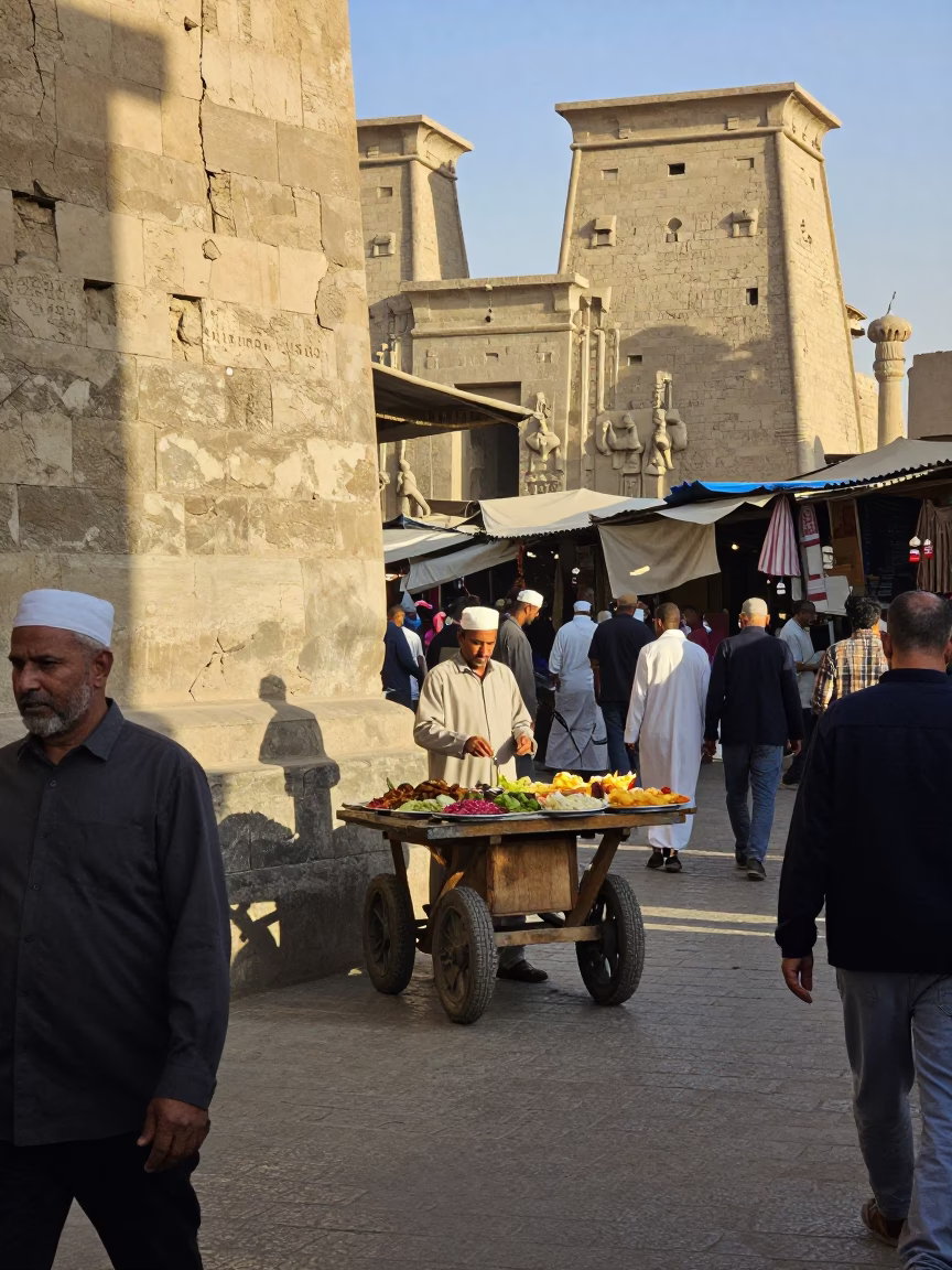 Busy Luxor Street Scene Late Morning with Mezze Platter and Local Interaction in in Luxor, Egypt