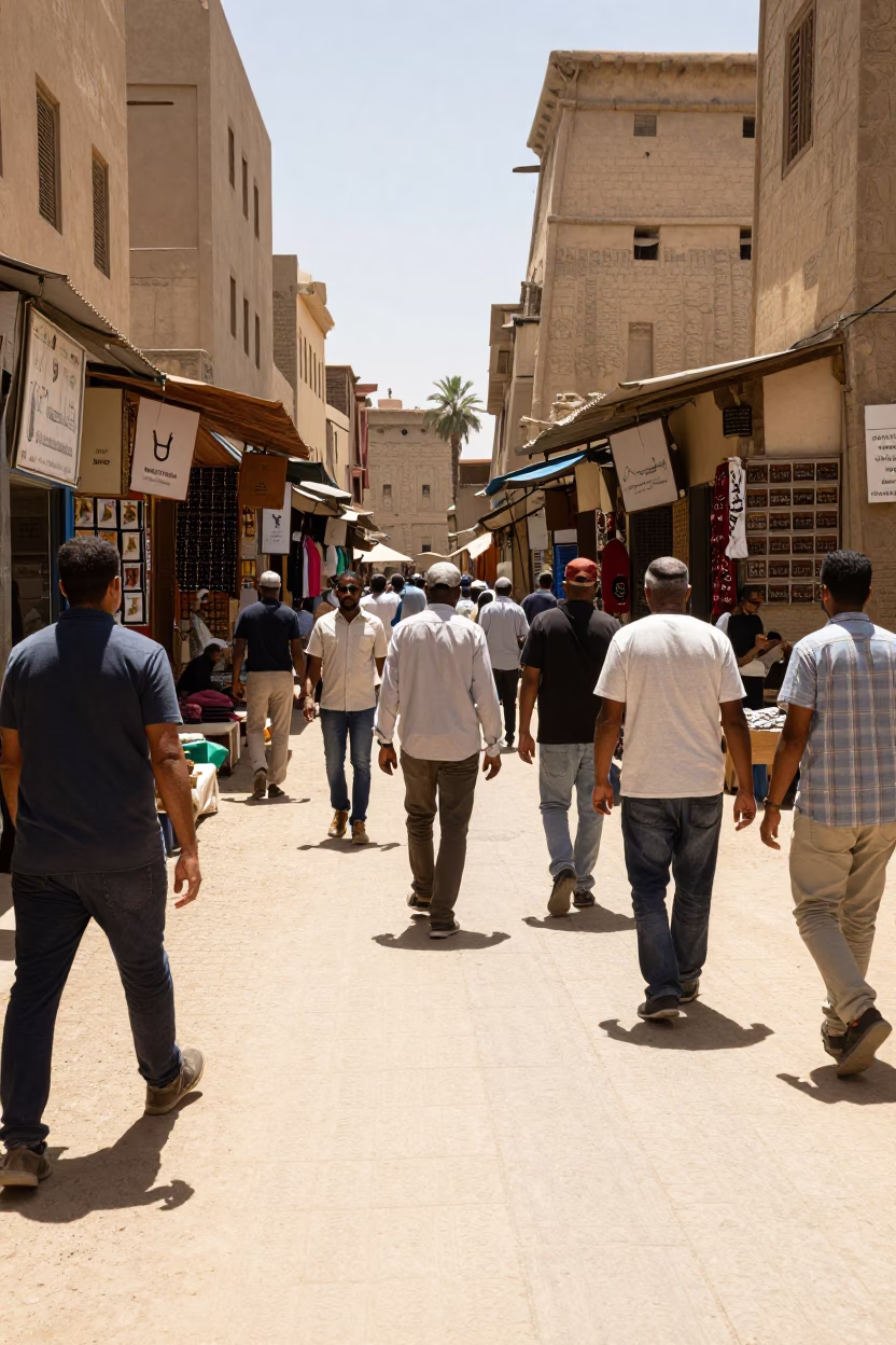Busy Luxor Street Scene Midday Tourists and Local Vendors in Egypt in in Luxor, Egypt