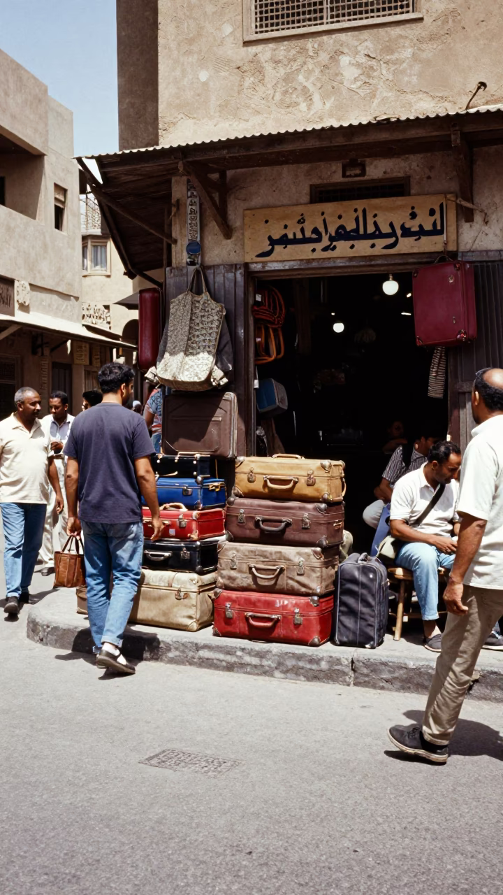 Busy Luxor Street Scene Midday with Suitcases and Travel Gear in in Luxor, Egypt