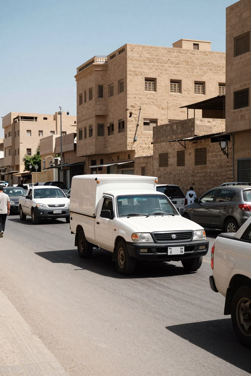 Busy Luxor Street Scene Midday with White Truck and Minaret Background in in Luxor, Egypt