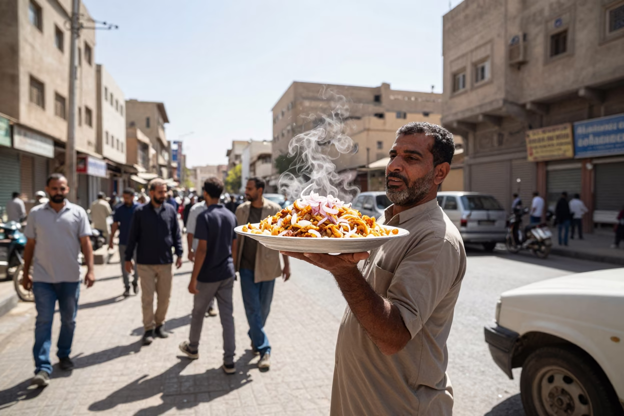 Busy Luxor Street Scene Noon Light with Koshari Plate and Storage Tins in in Luxor, Egypt