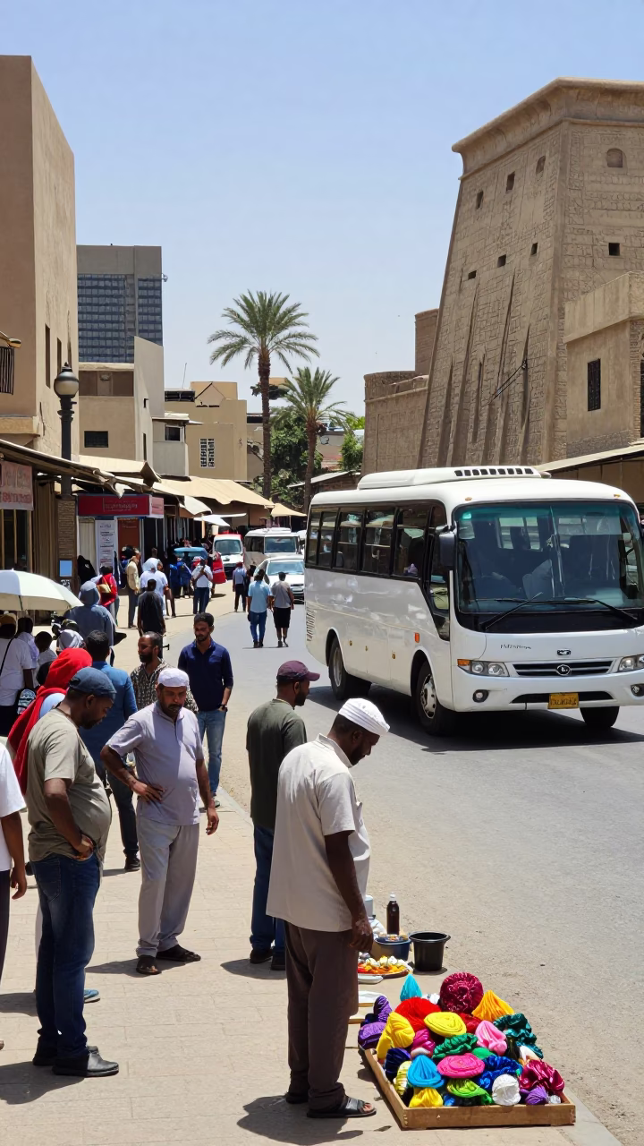 Busy Luxor Street Scene Noon Sunlight Tourists and Local Vendors in in Luxor, Egypt