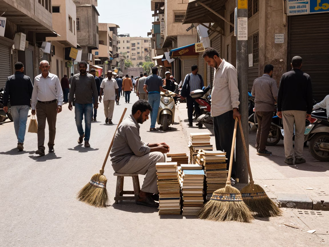 Busy Luxor Street Scene Under Noon Sun with Brooms and Books in Egypt in in Luxor, Egypt