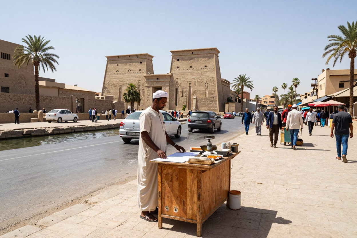 Busy Luxor Street Scene Under Noon Sun with Water Bottle and Wicker Shadow in in Luxor, Egypt