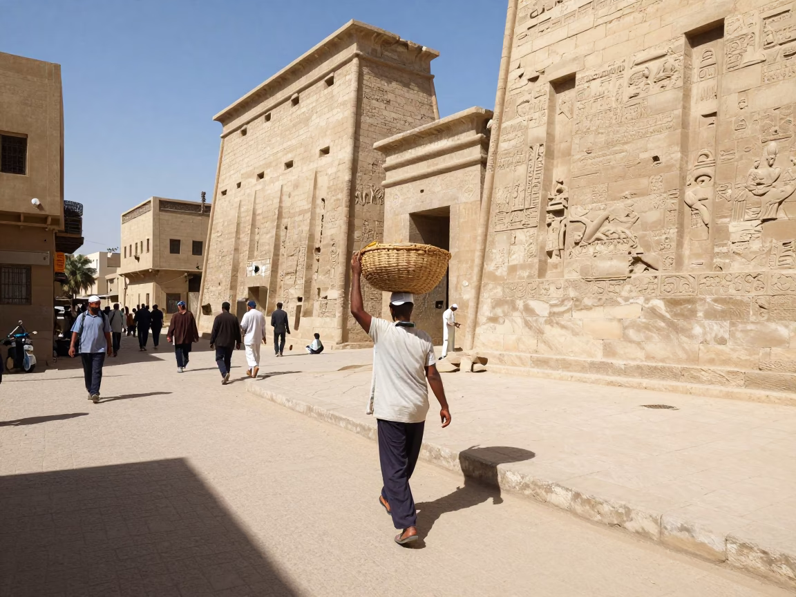 Busy Luxor Street Scene with Basket Vendor and Sandstone Architecture in in Luxor, Egypt