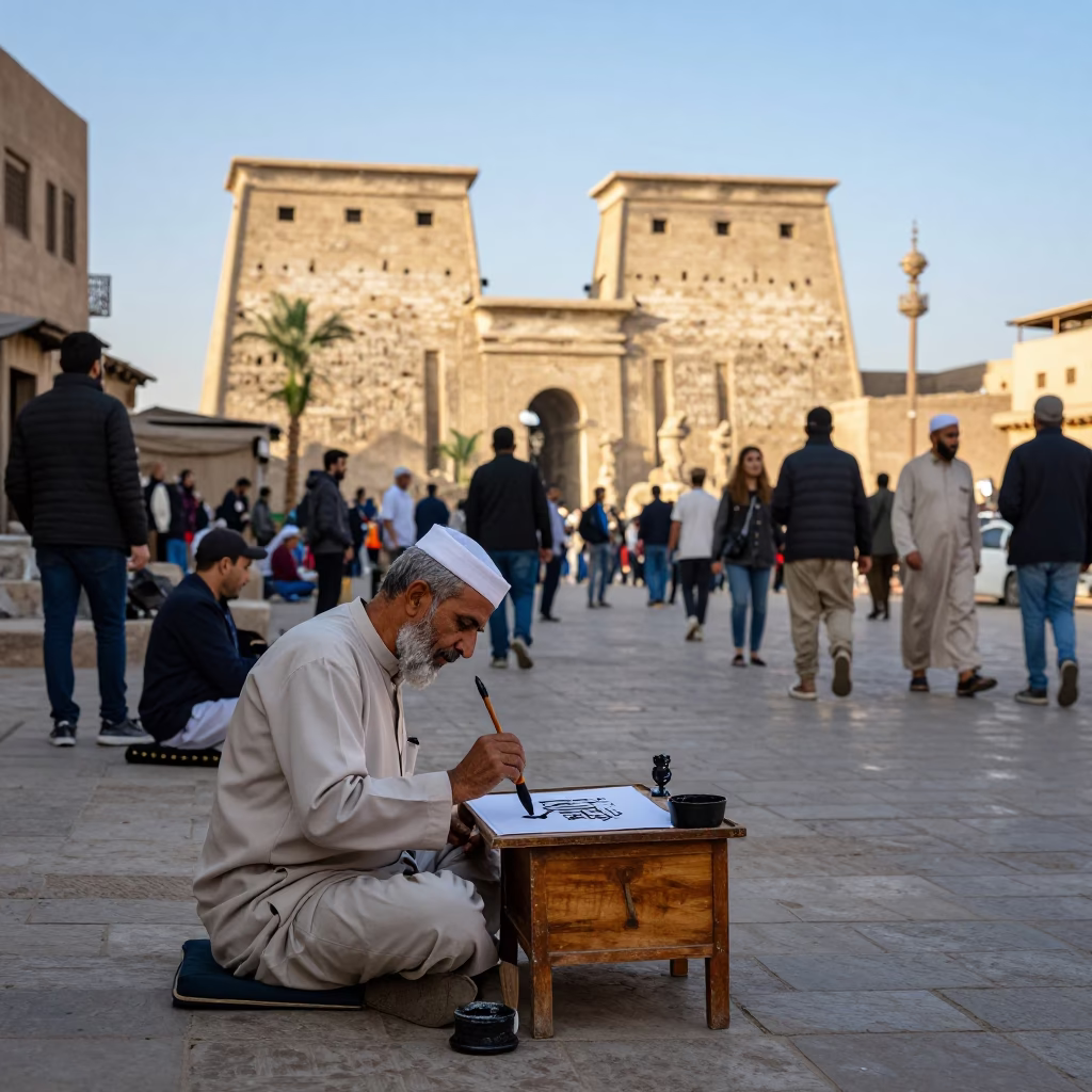 Busy Luxor Street Scene with Calligrapher and Tourists in Late Afternoon Light in in Luxor, Egypt