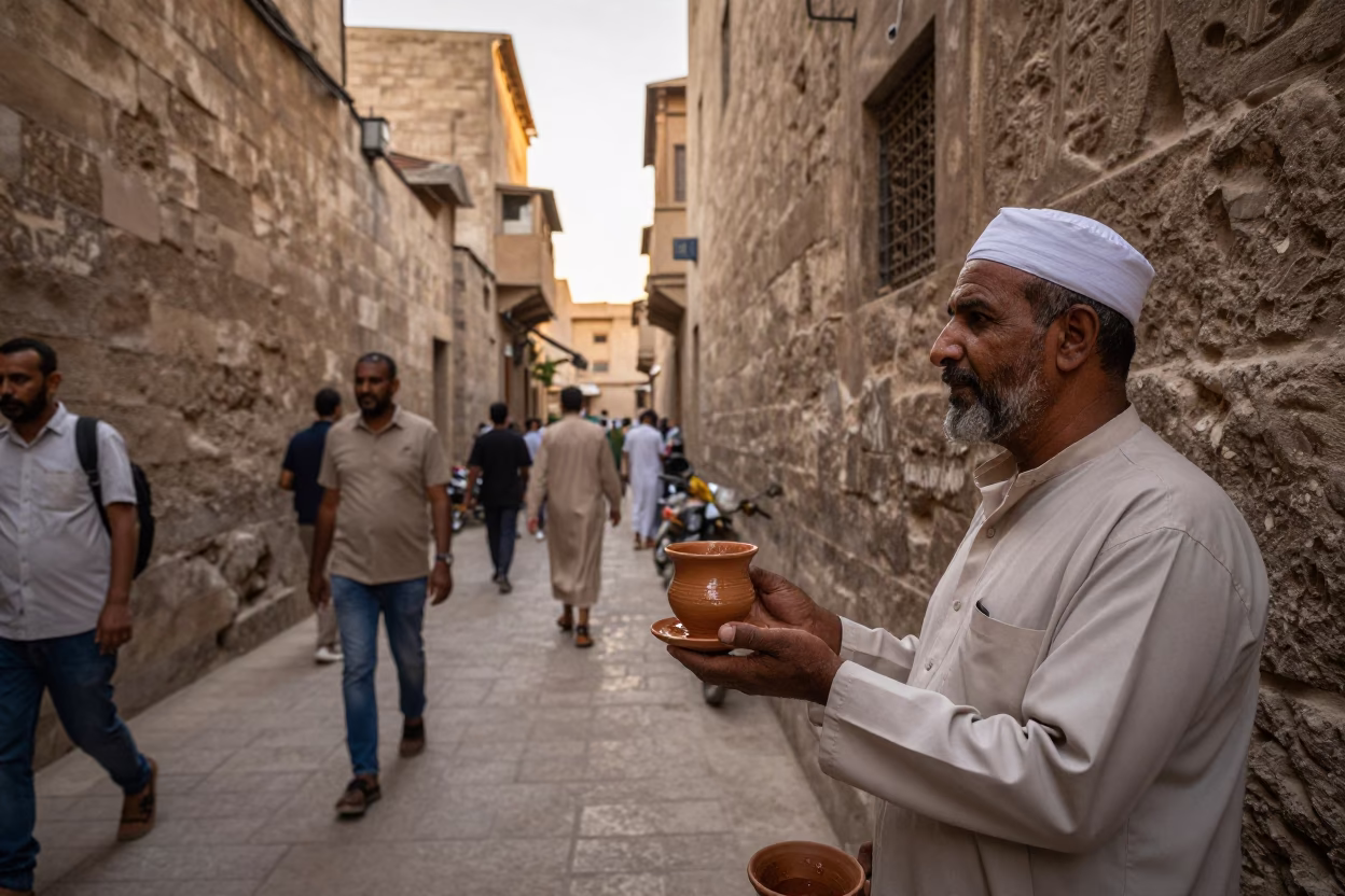 Busy Luxor Street Scene with Clay Cup of Masala Chai in Honeyed Evening Light in in Luxor, Egypt