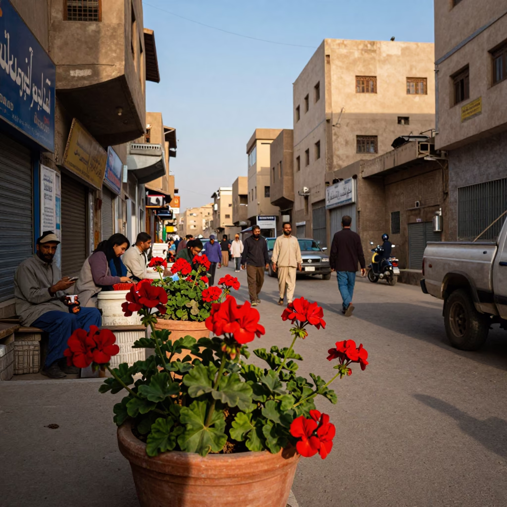 Busy Luxor Street Scene with Geraniums and Local Life in Late Afternoon Light in in Luxor, Egypt