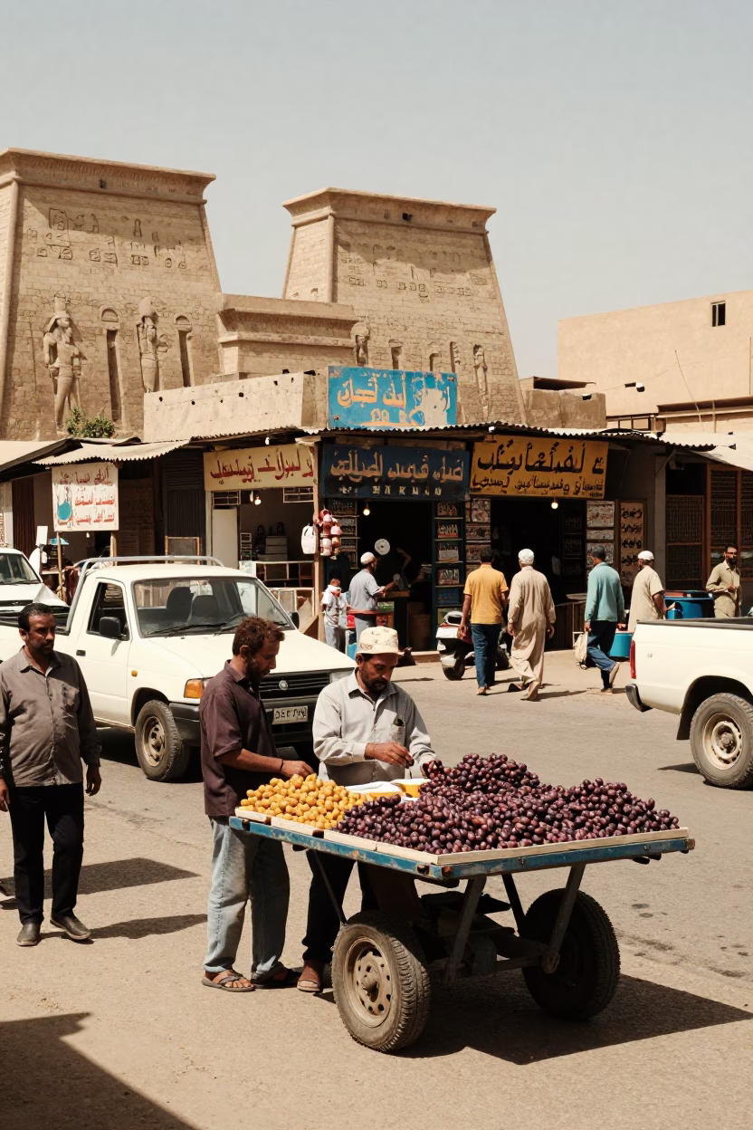 Busy Luxor Street Scene with Local Market Stalls and Traditional Architecture in in Luxor, Egypt