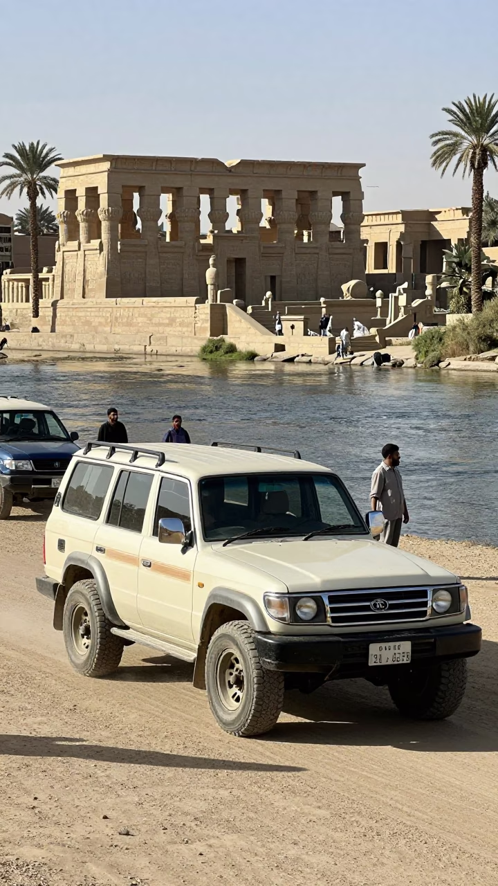 Busy Luxor Street Scene with Off-Road SUV and Local Market Activity in in Luxor, Egypt