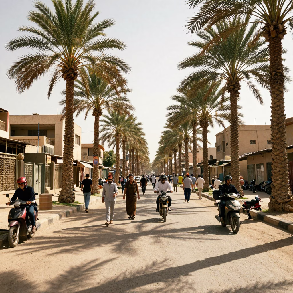 Busy Luxor Street Scene with Palm Trees and Local Life in Early Afternoon Sunlight in in Luxor, Egypt